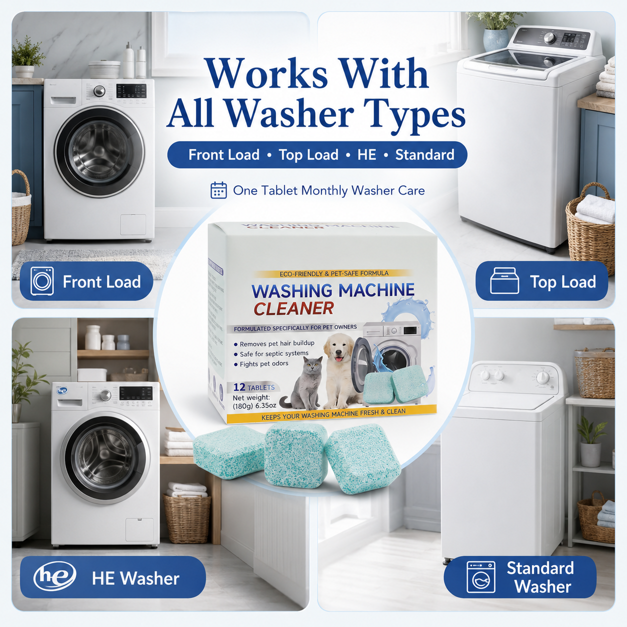 Washing Machine Cleaner Tablets for Pet Hair & Odor