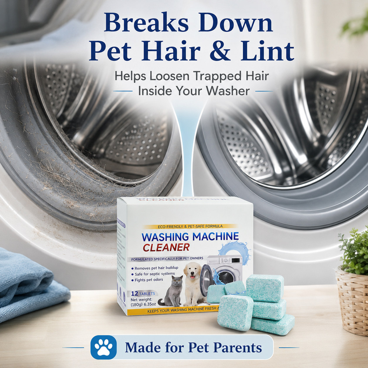 Washing Machine Cleaner Tablets for Pet Hair & Odor