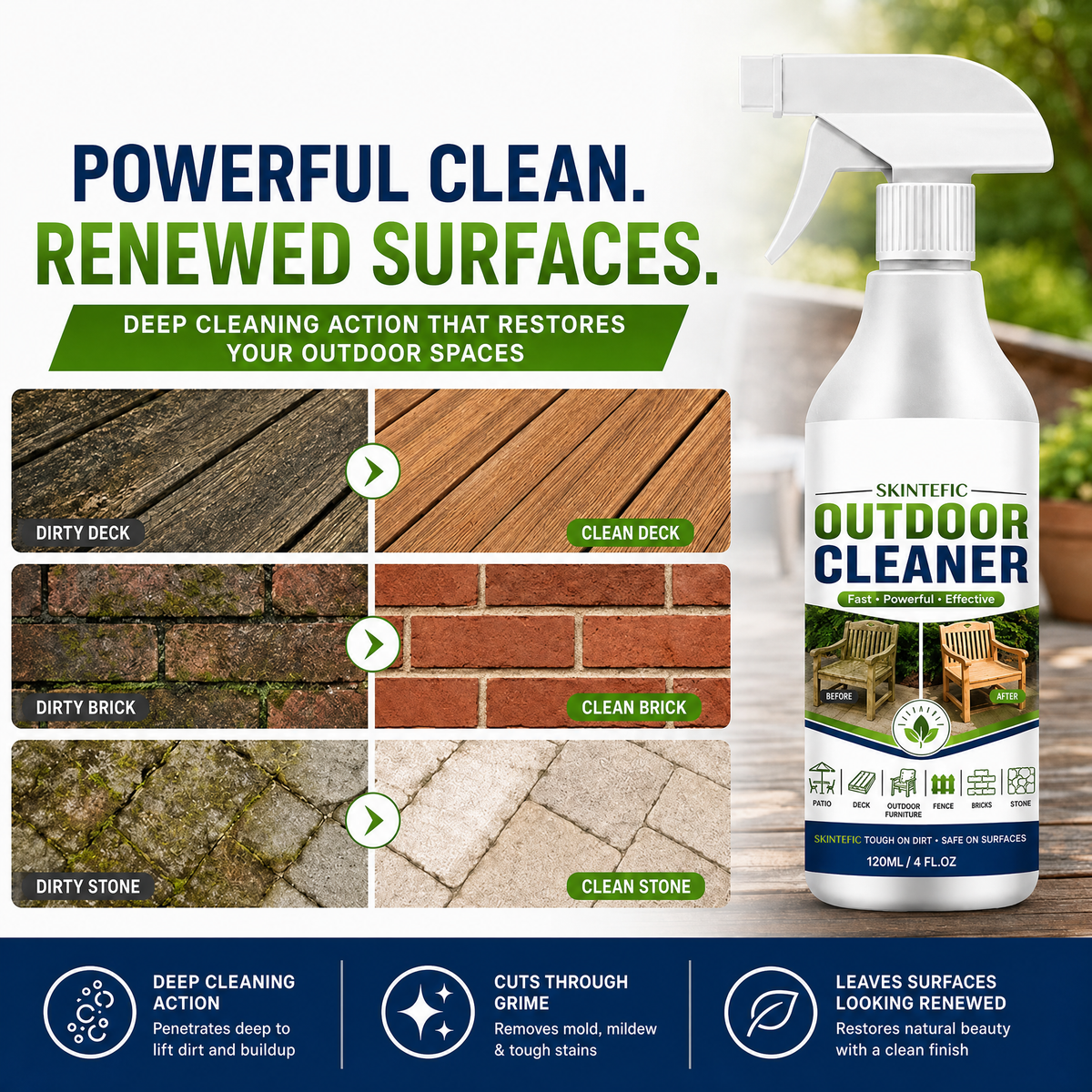 🌿 LIMITED-TIME 79% OFF! Outdoor Surface Cleaner Spray, Fast Acting Stain Remover for Patio, Wooden Furniture & Outdoor Surfaces