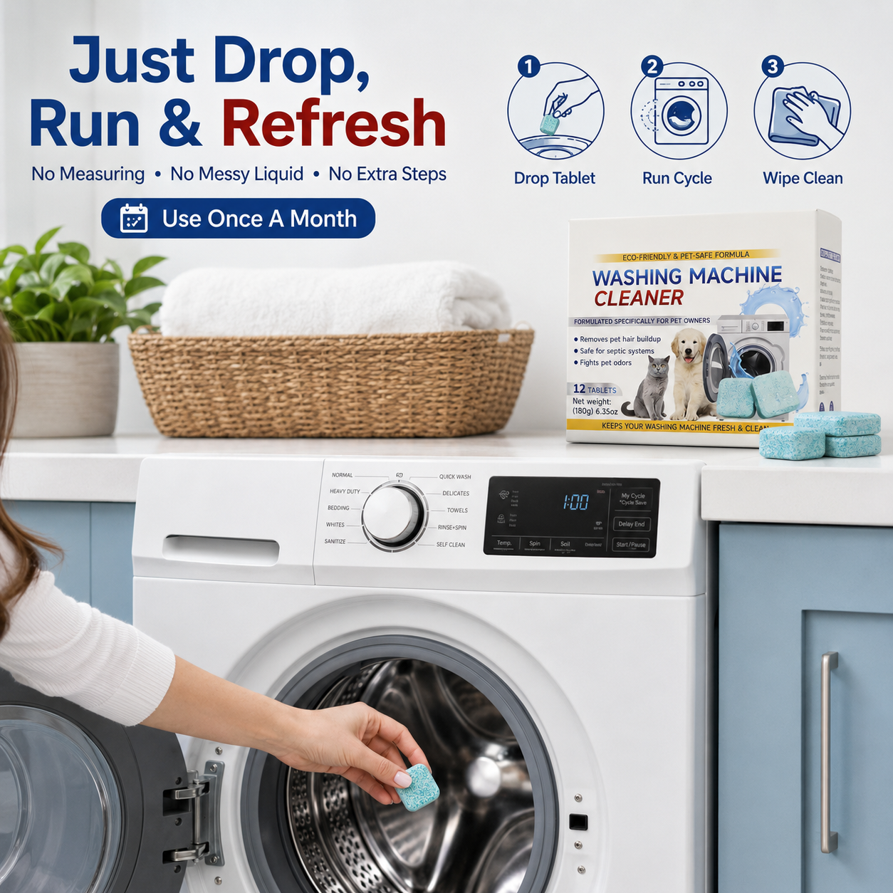 Washing Machine Cleaner Tablets for Pet Hair & Odor