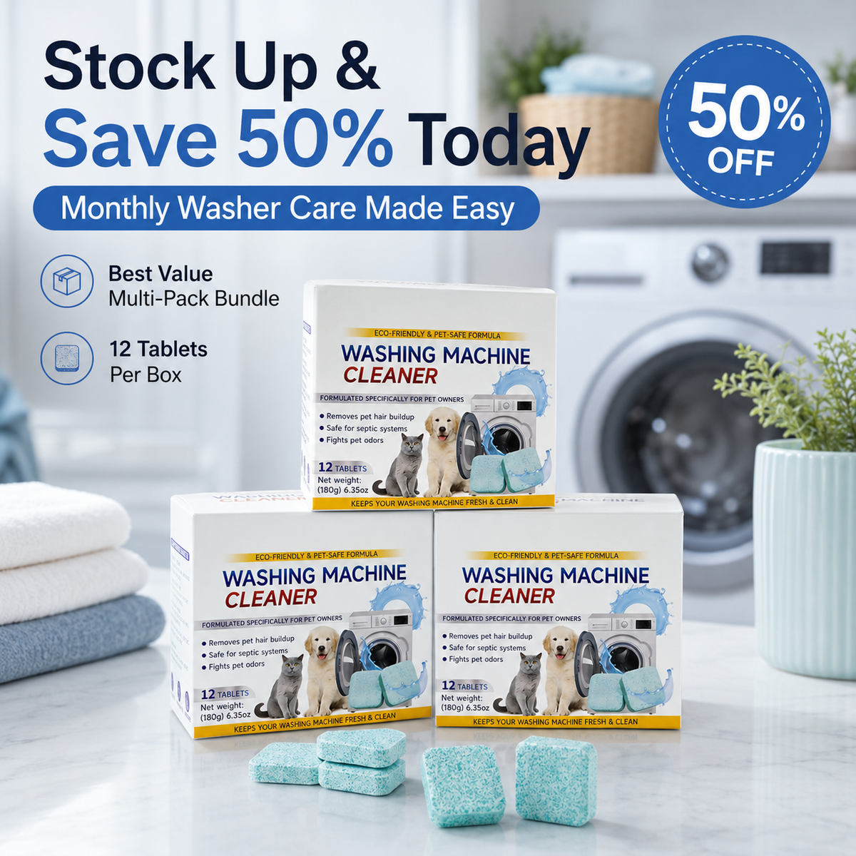 Washing Machine Cleaner Tablets for Pet Hair & Odor