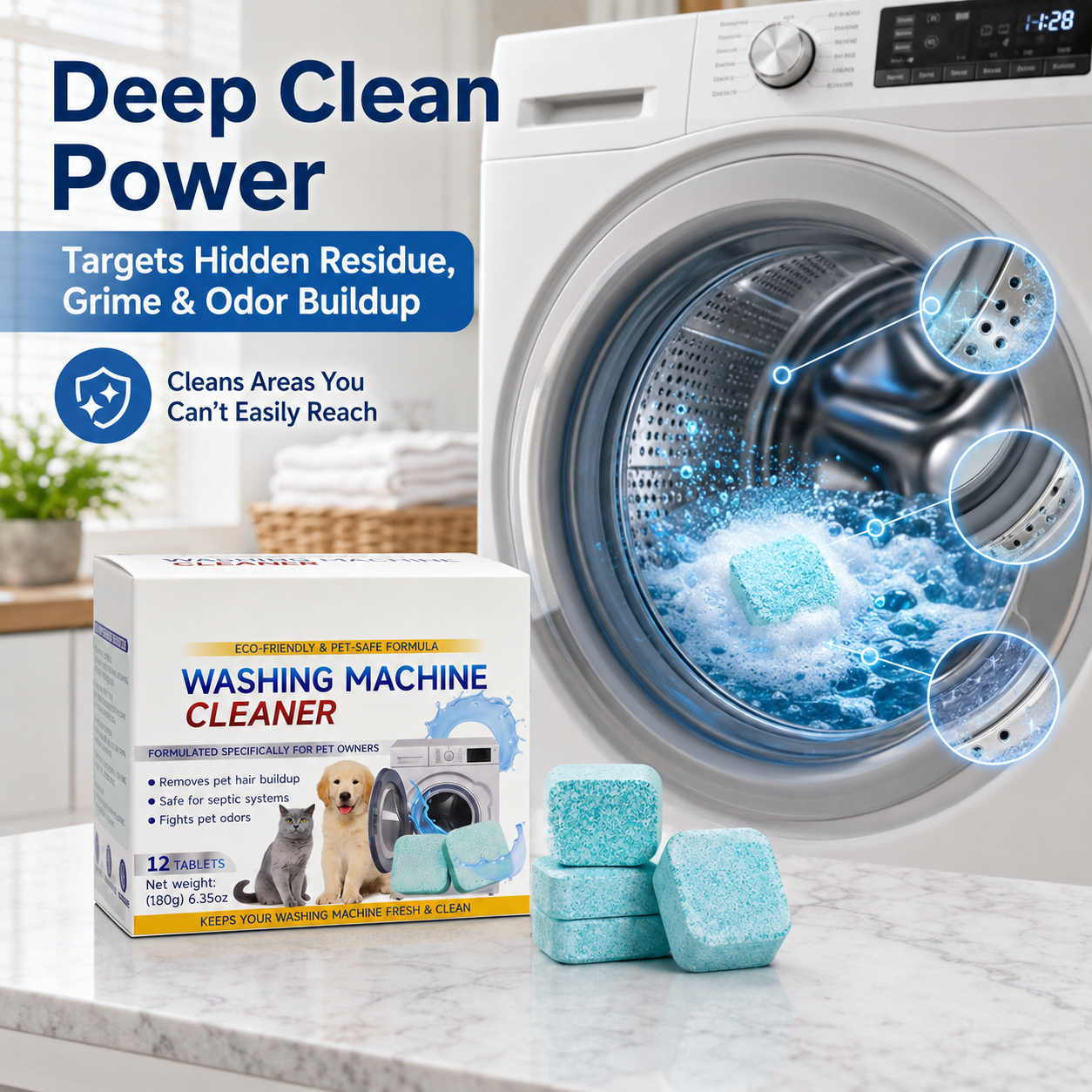 Washing Machine Cleaner Tablets for Pet Hair & Odor